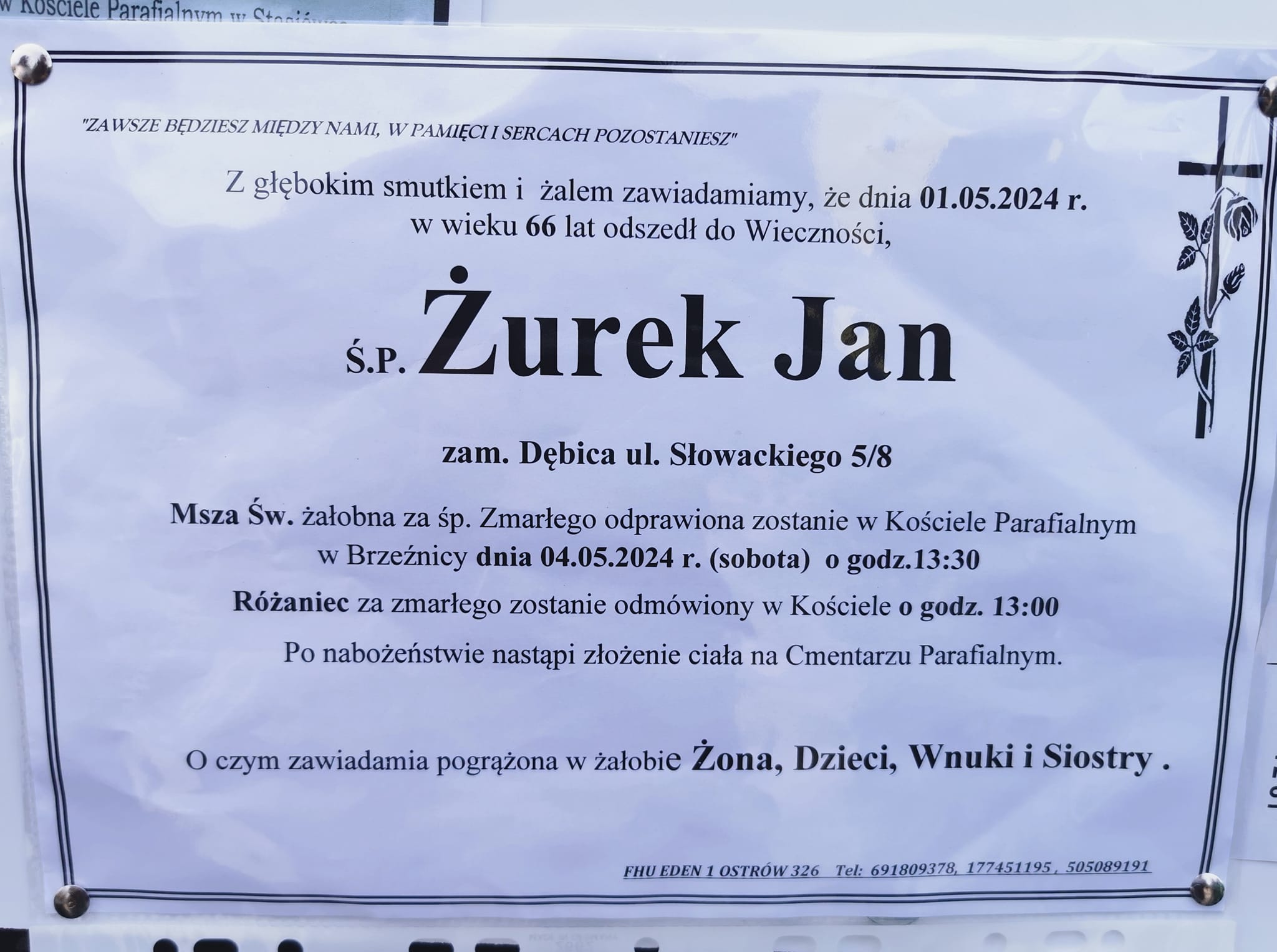 Z głębokim żalem zawiadamiamy, że odszedł długoletni pracownik Muzeum Regionalnego w Dębicy Jan Żurek. Msza żałobna za śp. Jana odbędzie się 4 maja o godz. 13.30 w Kościele Parafialnym w Brzeźnicy.